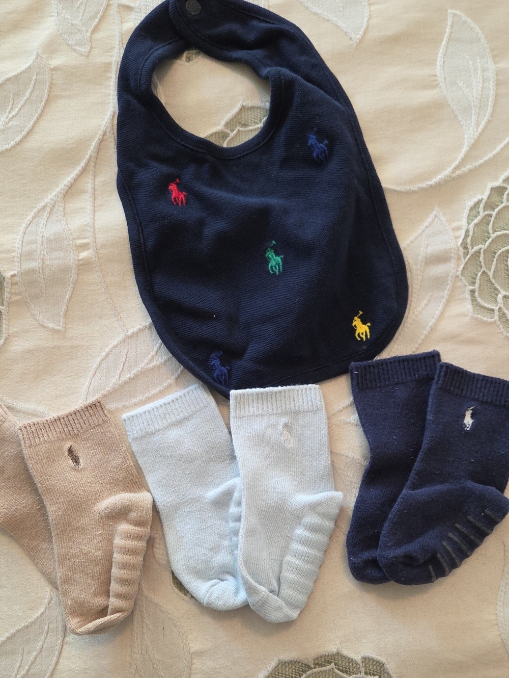 Polo by Ralph Lauren Navy Bib with Multi-Color Polo Pony Embroidery and Socks